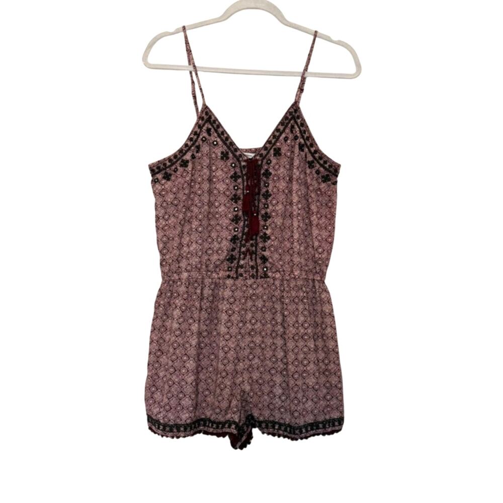 American Eagle Embroidered Boho Romper L Lace Up Tassel Festival Indie